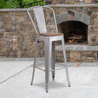 Flash Furniture 30" High Silver Metal Barstool with Back & Wood Seat-Lightweight Design with Footrest