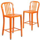 Flash Furniture Commercial Grade 24" High Orange Metal Indoor-Outdoor Counter Height Stool with Vertical Slat Back - 2 Pack-500 lb. Static Weight Capacity