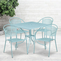 35.5'' Square Sky Blue Indoor-Outdoor Steel Patio Table Set with 4 Round Back Chairs [CO-35SQ-03CHR4-SKY-GG]-Set Includes Table and 4 Chairs
