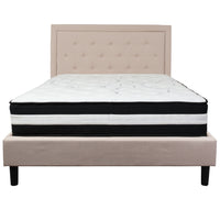 Flash Furniture Roxbury Queen Size Tufted Upholstered Platform Bed in Beige Fabric with Pocket Spring Mattress-Queen Platform Bed and Mattress Set