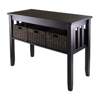 Winsome Morris Console Hall Table, 3 Foldable Baskets, Espresso-Morris Collection is perfect tables with plenty of storage.  Console Table is 29.92" H. x 40" W. x 18.11" D. with 1 section opening 9.84" H. x 35.28" W. x 16.77" D.  Table comes with three foldable baskets made from corn husk, size 7" H. x 16" W. x 11" D.  Table made from solid and composite wood.  Assembly Required.