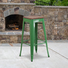 Flash Furniture 30" High Backless Green Metal Barstool with Square Wood Seat-Backless Design