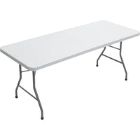 Staples Banquet Table with Folding Legs, 72", Light Grey-Non-porous surface resists stains and easily wipes clean with a damp cloth