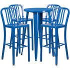 24'' Round Blue Metal Indoor-Outdoor Bar Table Set with 4 Vertical Slat Back Barstools [CH-51080BH-4-30VRT-BL-GG]-Metal Cafe Bar Table