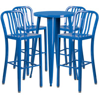 24'' Round Blue Metal Indoor-Outdoor Bar Table Set with 4 Vertical Slat Back Barstools [CH-51080BH-4-30VRT-BL-GG]-Metal Cafe Bar Table