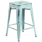 Flash Furniture 24" High Backless Distressed Green-Blue Metal Indoor-Outdoor Counter Height Stool-Stackable Industrial Style Modern Stool