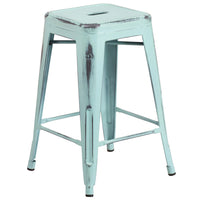 Flash Furniture 24" High Backless Distressed Green-Blue Metal Indoor-Outdoor Counter Height Stool-Stackable Industrial Style Modern Stool