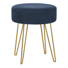 Monarch Specialties 9002 Ottoman - Blue Fabric/Gold Metal Legs-Round ottoman with a padded seat for comfort and upholstered in a blue fabric with a plush texture