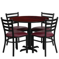 Flash Furniture 36" Round Mahogany Laminate Table Set with X-Base & 4 Ladder Back Metal Chairs - Burgundy Vinyl Seat-Table and Chair Set