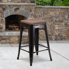 Flash Furniture 24" High Backless Black-Antique Gold Metal Counter Height Stool with Square Wood Seat-Textured Walnut Elm Wood Seat