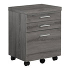 Monarch Specialties 7049 3-Drawer Filing Cabinet - Dark Taupe -Finished in a sophisticated dark taupe wood-look on all sides with stylish silver plastic drawer pulls 