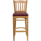 Flash Furniture HERCULES Series Vertical Slat Back Natural Wood Restaurant Barstool - Burgundy Vinyl Seat-Wood Dining Bar Stool