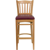 Flash Furniture HERCULES Series Vertical Slat Back Natural Wood Restaurant Barstool - Burgundy Vinyl Seat-Wood Dining Bar Stool