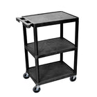 Luxor 3-Shelf Utility Cart, 24"x18", Black, (HE34-B)-The HE34 is a three shelf black utility cart made of high density polyethylene structural foam molded plastic shelves and legs that won't stain, scratch, dent or rust.