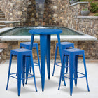 24'' Round Blue Metal Indoor-Outdoor Bar Table Set with 4 Square Seat Backless Barstools (CH-51080BH-4-30SQST-BL-GG)-24"W x 24"D x 41"H