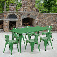 Flash Furniture 31.5'' x 63'' Rectangular Green Metal Indoor-Outdoor Table Set with 6 Arm Chairs (ET-CT005-6-70-GN-GG)-Galvanized Steel, Metal, Rubber