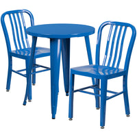 24'' Round Blue Metal Indoor-Outdoor Table Set with 2 Vertical Slat Back Chairs [CH-51080TH-2-18VRT-BL-GG]-Metal Cafe Table