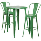 Flash Furniture 23.75" Square Green Metal Indoor-Outdoor Bar Table Set with 2 Stools with Backs-Bar Height Table and Stool Set