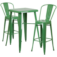 Flash Furniture 23.75" Square Green Metal Indoor-Outdoor Bar Table Set with 2 Stools with Backs-Bar Height Table and Stool Set