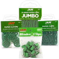JAM Paper Office Clip Assortment Pack, Green, 1 Binder Clips 1 Paperclips 1 Circular Cloops, 4/set (26411GRASRTD)-Assortment of Four Different Style Green Office Clips