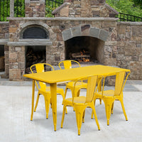 Flash Furniture 31.5'' x 63'' Rectangular Yellow Metal Indoor-Outdoor Table Set with 4 Stack Chairs (ET-CT005-4-30-YL-GG)-Galvanized Steel, Metal, Rubber