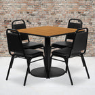 Flash Furniture 36" Square Natural Laminate Table Set with Round Base & 4 Black Trapezoidal Back Banquet Chairs-Set Includes 4 Banquet Chairs, Square Table Top and Round Base