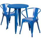 24'' Round Blue Metal Indoor-Outdoor Table Set with 2 Arm Chairs (CH-51080TH-2-18ARM-BL-GG)-Indoor Outdoor Sets