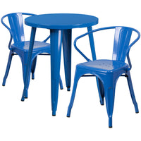 24'' Round Blue Metal Indoor-Outdoor Table Set with 2 Arm Chairs (CH-51080TH-2-18ARM-BL-GG)-Indoor Outdoor Sets