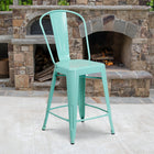 Flash Furniture Commercial Grade 24" High Mint Green Metal Indoor-Outdoor Counter Height Stool with Back-Floor Protector Rubber Glides