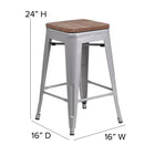 Flash Furniture 24" High Backless Silver Metal Counter Height Stool with Square Wood Seat-Textured Walnut Elm Wood Seat