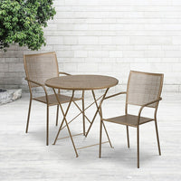 30'' Round Gold Indoor-Outdoor Steel Folding Patio Table Set with 2 Square Back Chairs [CO-30RDF-02CHR2-GD-GG]-Set Includes Folding Table and 2 Chairs