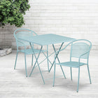 28'' Square Sky Blue Indoor-Outdoor Steel Folding Patio Table Set with 2 Round Back Chairs [CO-28SQF-03CHR2-SKY-GG]-Set Includes Folding Table and 2 Chairs