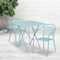 28'' Square Sky Blue Indoor-Outdoor Steel Folding Patio Table Set with 2 Round Back Chairs [CO-28SQF-03CHR2-SKY-GG]-Set Includes Folding Table and 2 Chairs