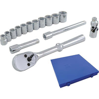Gray Tools 15 Piece 3/8" Drive 6 Point Metric, Standard Chrome Socket & Attachment Set-Contains: 9, 10, 11, 12, 13, 14, 15, 16, 17, 18, 19mm sockets, Reversible Ratchet, U-Joint and 3" & 6" Extensions.