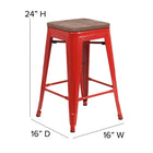 Flash Furniture 24" High Backless Metal Counter Height Stool with Square Wood Seat - Red-Seat Width: 12"