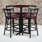 Flash Furniture 24" Round Mahogany Laminate Table Set with X-Base & 4 Two-Slat Ladder Back Metal Barstools - Burgundy Vinyl Seat-Set Includes 4 Barstools, Round Table Top and X-Base