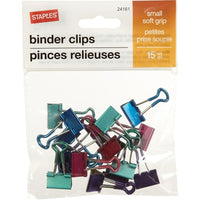 Staples SoftGrip Binder Clips - Small 3/4" - Assorted Metallic Colours - 15 Pack-Rubberized grip