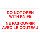 SPC 'Do Not Open With Knife' Die Cut Labels - Red/ White - 3" x 5" - 500/Roll-Red print on white