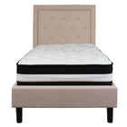 Flash Furniture Roxbury Twin Size Tufted Upholstered Platform Bed in Beige Fabric with Pocket Spring Mattress-Twin Platform Bed and Mattress Set