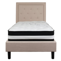 Flash Furniture Roxbury Twin Size Tufted Upholstered Platform Bed in Beige Fabric with Pocket Spring Mattress-Twin Platform Bed and Mattress Set