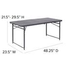 Flash Furniture 23.5"W x 48.25"L Height Adjustable Bi-Fold Dark Grey Plastic Folding Table with Carrying Handle-Folds in half for storage and travel