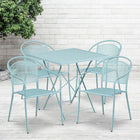 28'' Square Sky Blue Indoor-Outdoor Steel Folding Patio Table Set with 4 Round Back Chairs [CO-28SQF-03CHR4-SKY-GG]-Set Includes Folding Table and 4 Chairs