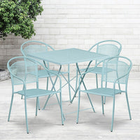 28'' Square Sky Blue Indoor-Outdoor Steel Folding Patio Table Set with 4 Round Back Chairs [CO-28SQF-03CHR4-SKY-GG]-Set Includes Folding Table and 4 Chairs
