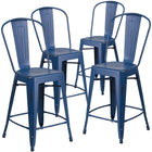 Flash Furniture Commercial Grade 24" High Distressed Antique Metal Indoor-Outdoor Counter Height Stool with Back - Blue-Curved Back with Vertical Slat