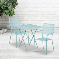 28'' Square Sky Blue Indoor-Outdoor Steel Folding Patio Table Set with 2 Square Back Chairs [CO-28SQF-02CHR2-SKY-GG]-Set Includes Folding Table and 2 Chairs