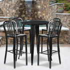 30'' Round Black Metal Indoor-Outdoor Bar Table Set with 4 Vertical Slat Back Barstools [CH-51090BH-4-30VRT-BK-GG]-30"W x 30"D x 41"H