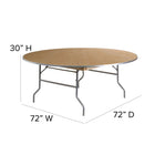 Flash Furniture 72" Round HEAVY DUTY Birchwood Folding Banquet Table with METAL Edges-Quadruple Coated Polyurethane Varnish Top
