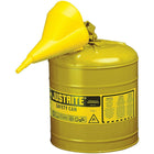 Justrite Type I Safety Cans with Funnel, 1 Gal, 9 1/2" x 11", Yellow-Compliant Type I Safety Cans are designed with a single spout for filling and pouring of all types of flammable liquids