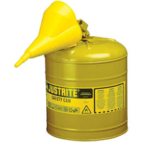 Justrite Type I Safety Cans with Funnel, 1 Gal, 9 1/2" x 11", Yellow-Compliant Type I Safety Cans are designed with a single spout for filling and pouring of all types of flammable liquids