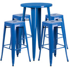 24'' Round Blue Metal Indoor-Outdoor Bar Table Set with 4 Square Seat Backless Barstools (CH-51080BH-4-30SQST-BL-GG)-Indoor Outdoor Sets